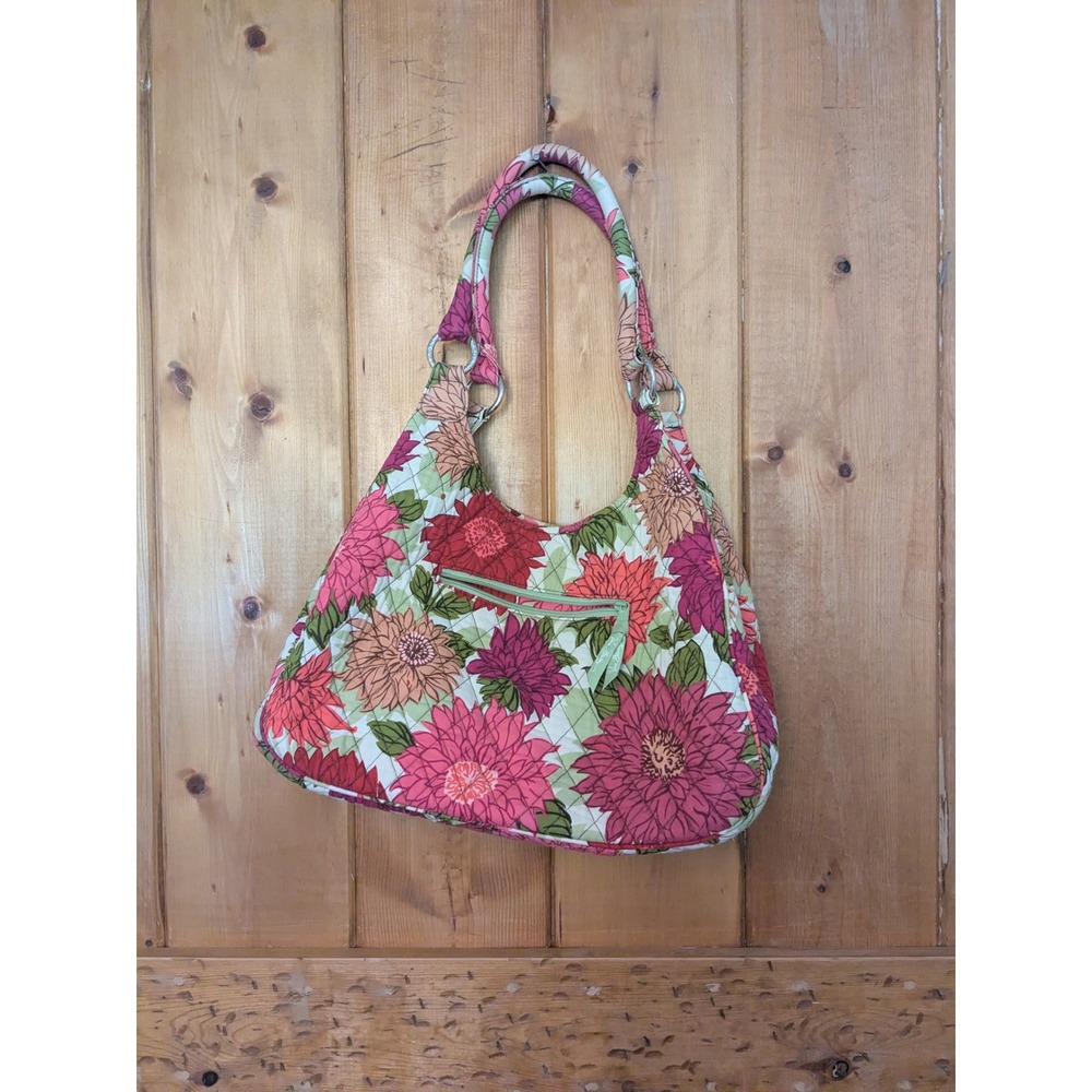Vera Bradley Hello Dahlia Retired Quilted Cotton Hobo Shoulder Bag Pink Green - Picture 2 of 5